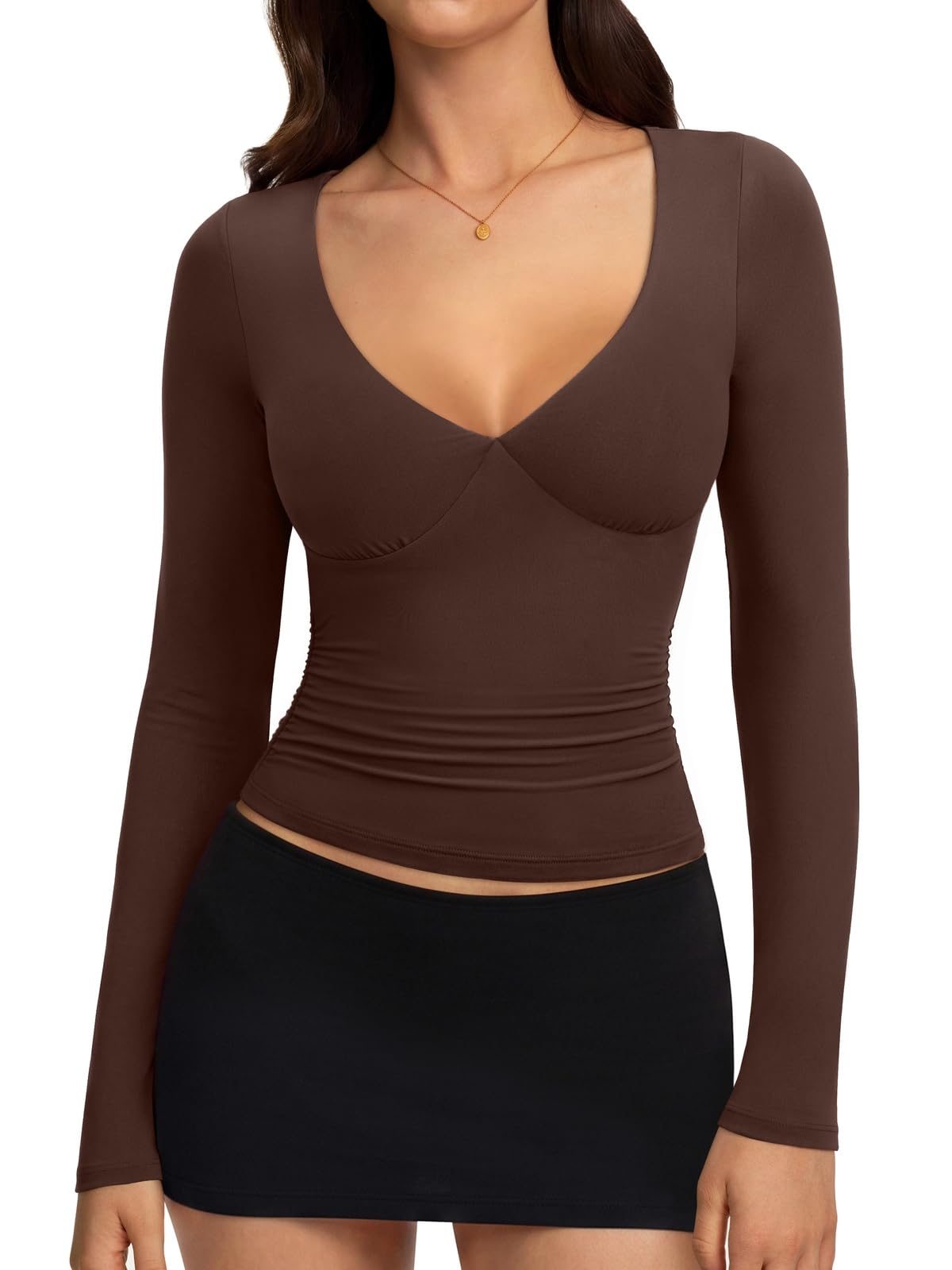 REORIA Damen Langarmshirt Deep V‑Ausschnitt Crop Top Casual Elegant Bluse | Longsleeve, Deep-V-Ausschnitt, Doppellagig, Sexy, Crop Top, Basic, Einfarbig, Casual, Stretch, Elegante Oberteile