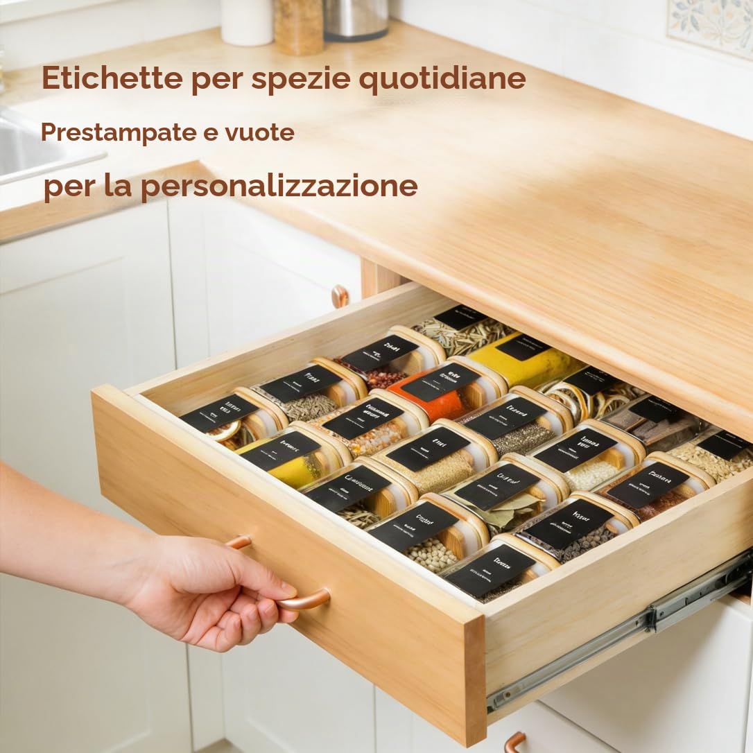 ComSaf Barattoli Spezie Quadrati, 12 x 120 ml, Barattoli Vetro con Coperchio in Bambù, Contenitori Spezie Ermetici con 54 Etichette, per Porta Spezie per Cucina, Cassetto e Cucina