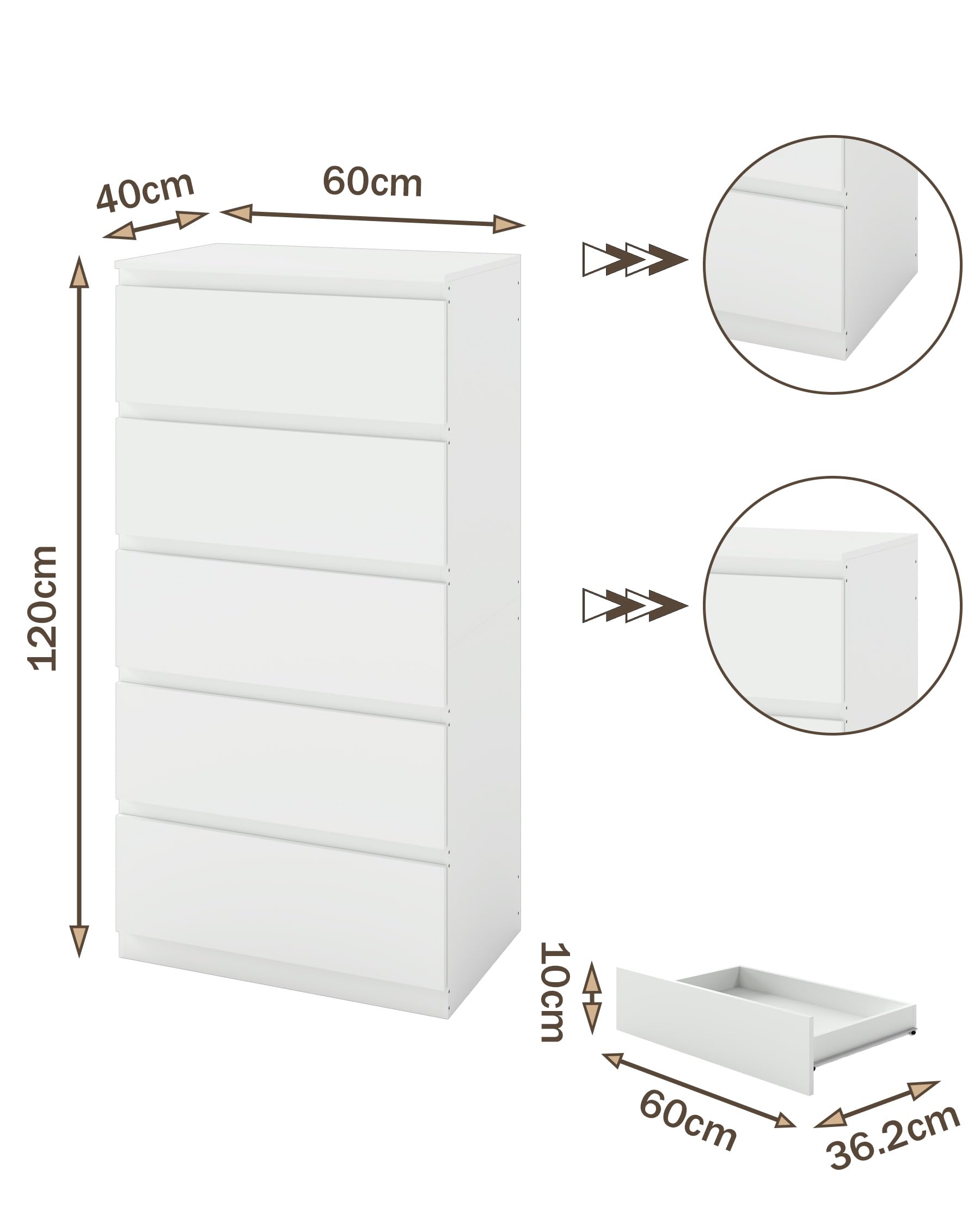 Commode Blanche 60 x 40 x 120 cm avec 5 tiroirs, Commode pour Chambre à Coucher, Couloir, Chambre à Coucher et Bureau | Commode et commode peu encombrante pour salon, couloir, bureau et armoire intérieure, organisateur de vêtements
