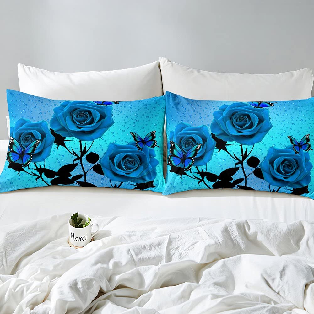 Juego de ropa de cama para niñas con diseño de rosas y flores, color azul, con 2 fundas de almohada