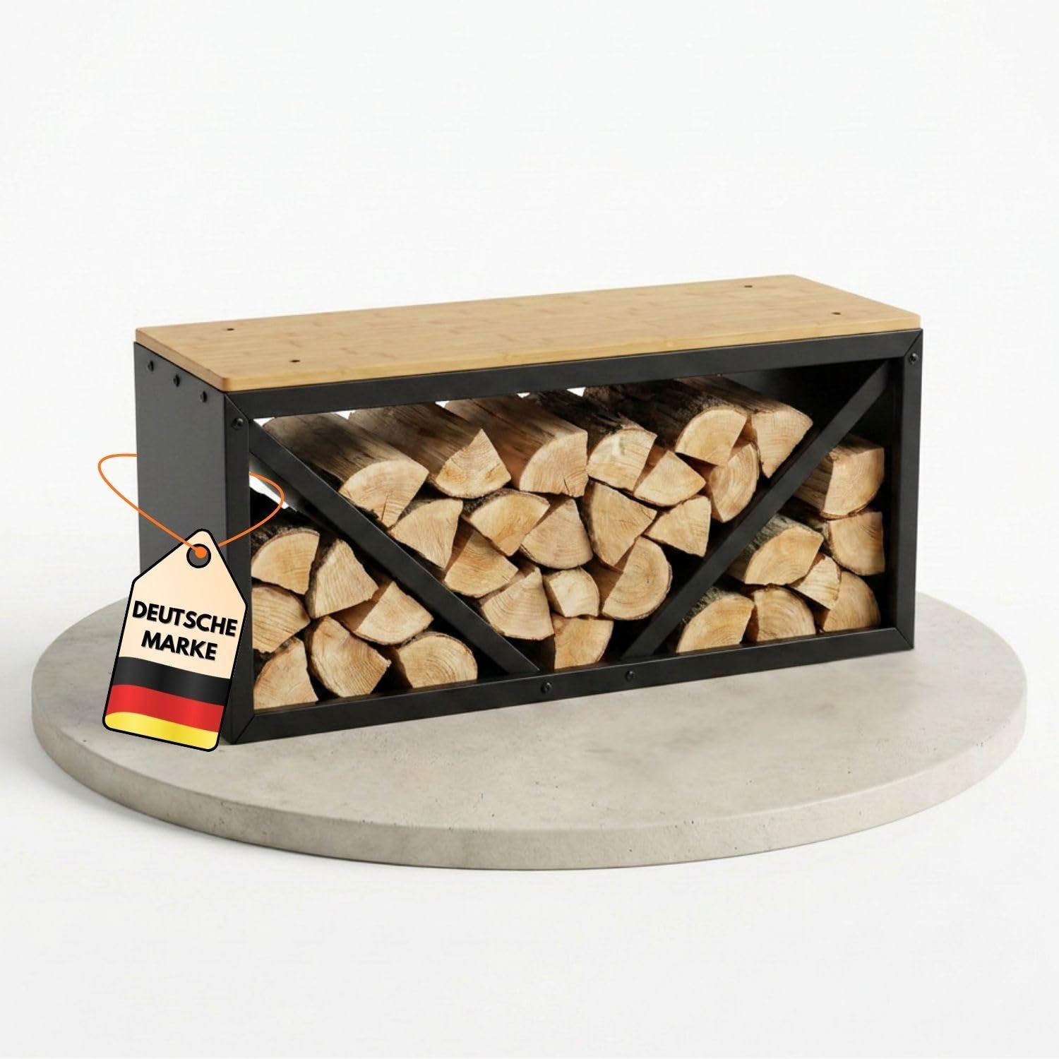 Coemo Kaminholzregal mit Sitzfläche Rudi Schwarz - Modernes Brennholzregal aus Metall & Holz, Kaminholzhalter Schwarz, Holzlager Regal Indoor, Sitzbank Kamin, Feuerholz Aufbewahrung, Kaminzubehör