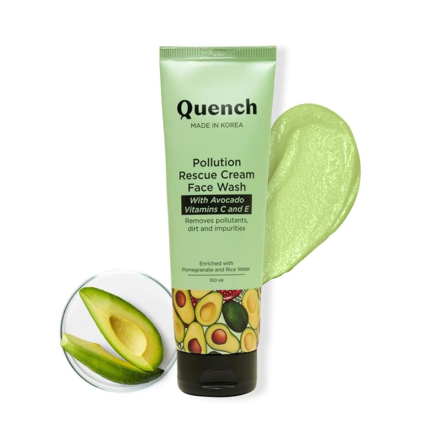 Quench Pollution Rescue Cream Face Wash with Vitamin E & Avocado | Gently Exfoliates Skin to Revive Dullness | Rich Foamy Korean Cleanser | Made in Korea (100ml)