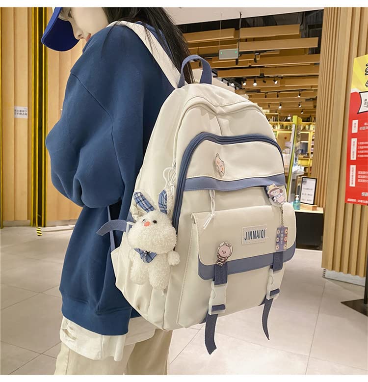 MEOKIM Kawaii Backpack with Cute Pin Accessories Plush Pendant Student Bag Large Capacity Waterproof Travel Backpack(White)