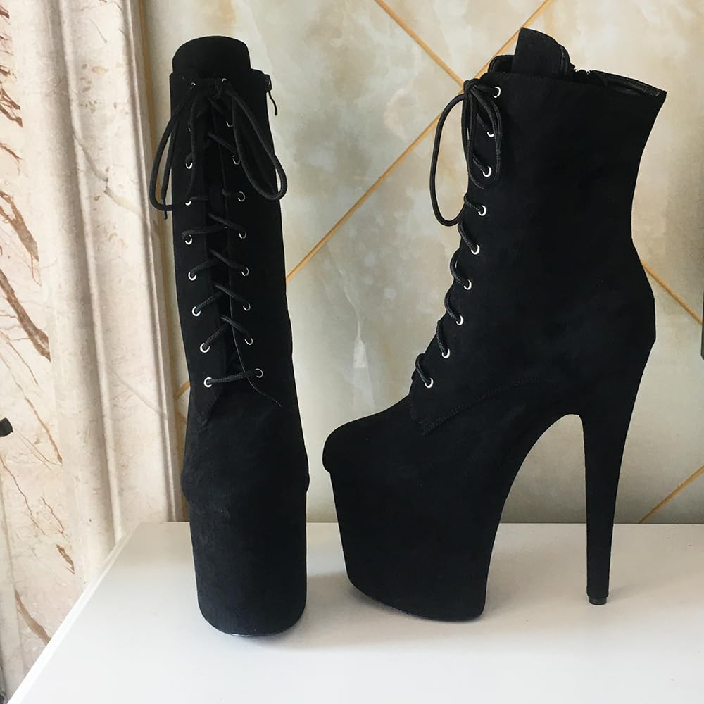 denova's Damskie buty na wysokim obcasie sznurowane duży rozmiar platforma striptizerka taniec na rurze buty do połowy łydki z zamkiem błyskawicznym, Czarny zamsz, 40 EU