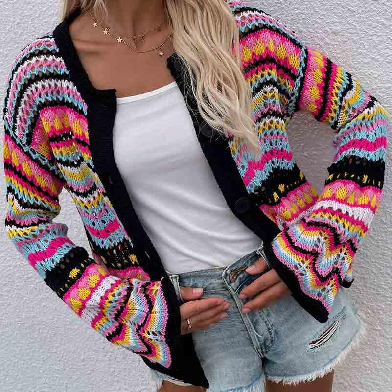 Image of Autumn and Winter Rainbow Striped Sweater Loose Knit Sweater Women's Sweater Cardigan