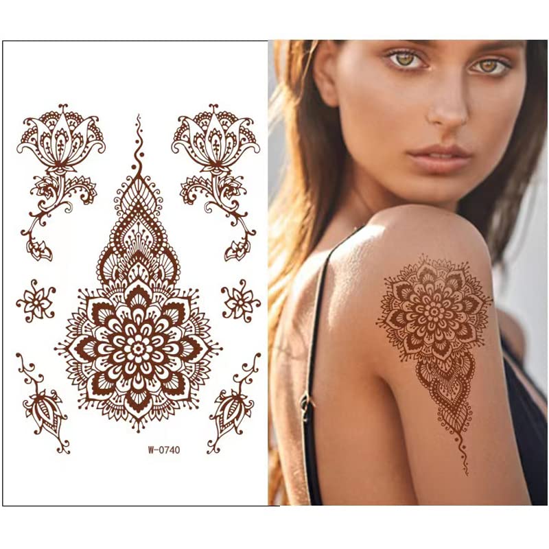 Miniatura 4 de 6 hojas de calcomanías de tatuajes marrones, kits de tatuajes temporales de henna, exquisitos tatuajes de encaje, mandala flor, elefante, tatuajes