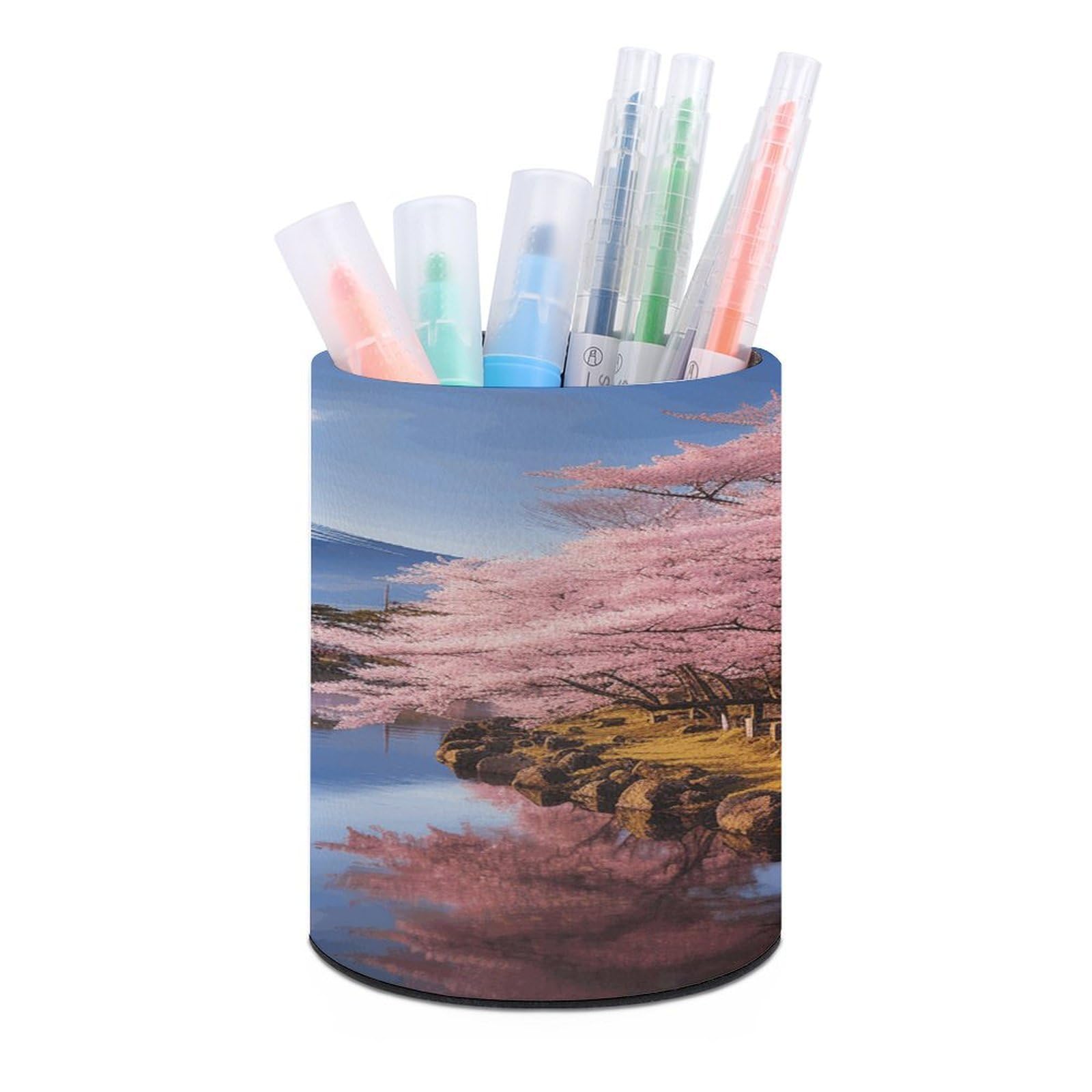 VstaDank Mount Fuji Cherry Blossom Trees Pen Holder PU Leather Pencil Cup Minimalist Desk Pencil Holder Round Make Up Brush Organizers For Office Dorm Room&Vanity Desk Accessories