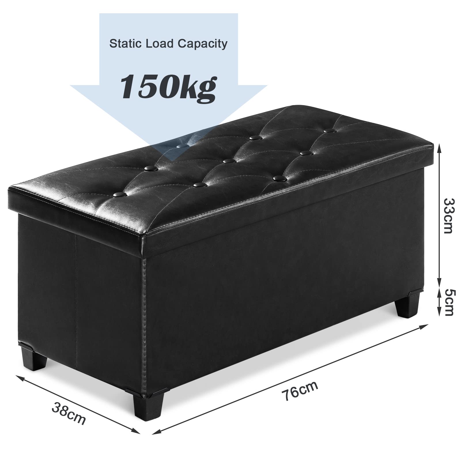 BRIAN & DANY Sitzbank mit Stauraum, Faltbar Sitzhocker mit Beinen, sitztruhe hocker mit stauraum, für Wohnzimmer Schlafzimmer Flur, Schwarz, 76 x 38 x 38 cm