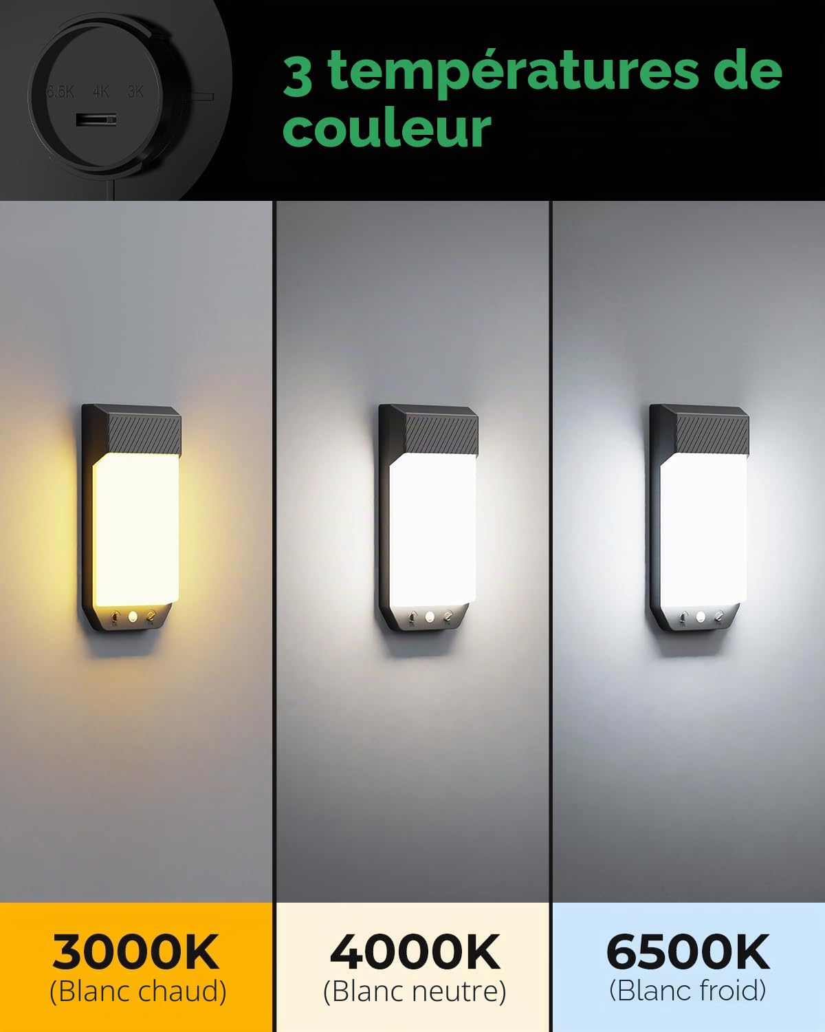 LOTMOS Lot de 1 Applique Murale Exterieure Detecteur de Mouvement, 3 Couleurs 3000K/4000K/6500K LED Eclairage Exterieur IP65 Etanche, 16W 1600LM Lampe Murale pour Terrasse Entrée Jardin, Noir