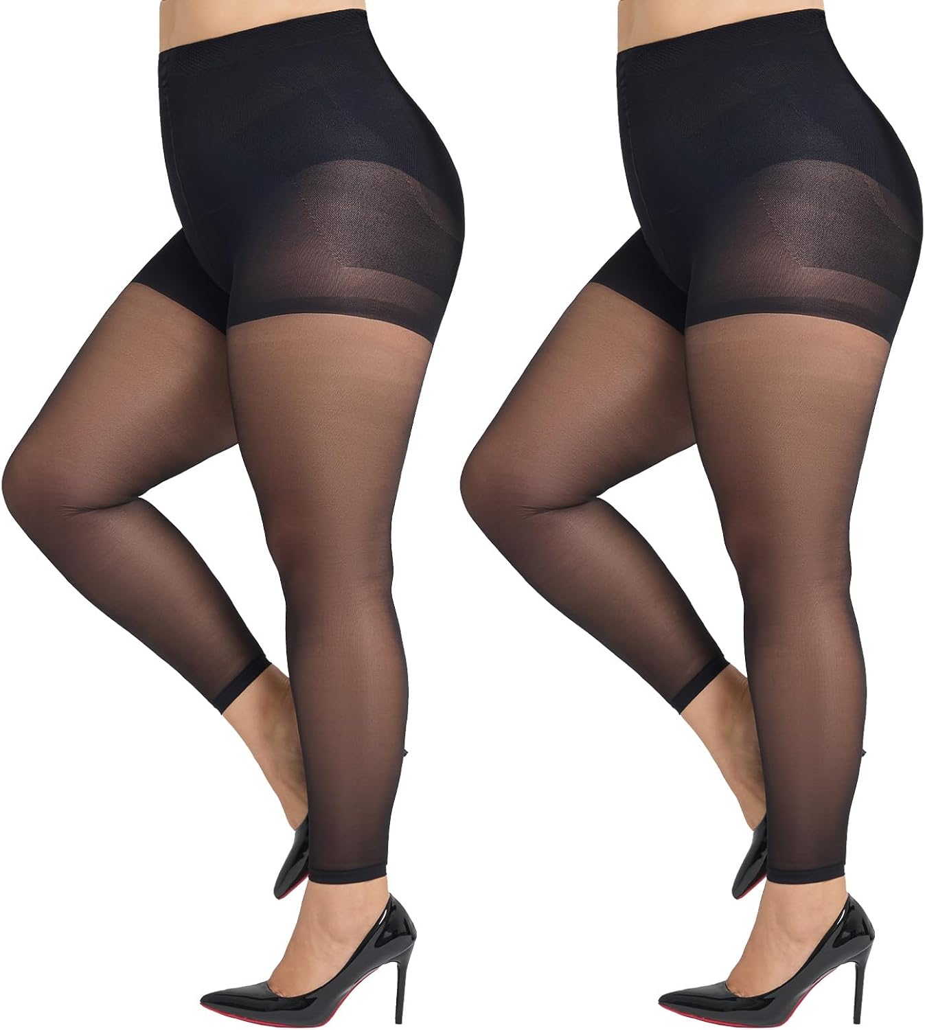 MANZI 2 Pairs Women's Plus Size Footless Sheer Tights Tummy Control 30 Denier Shaping Pantyhose