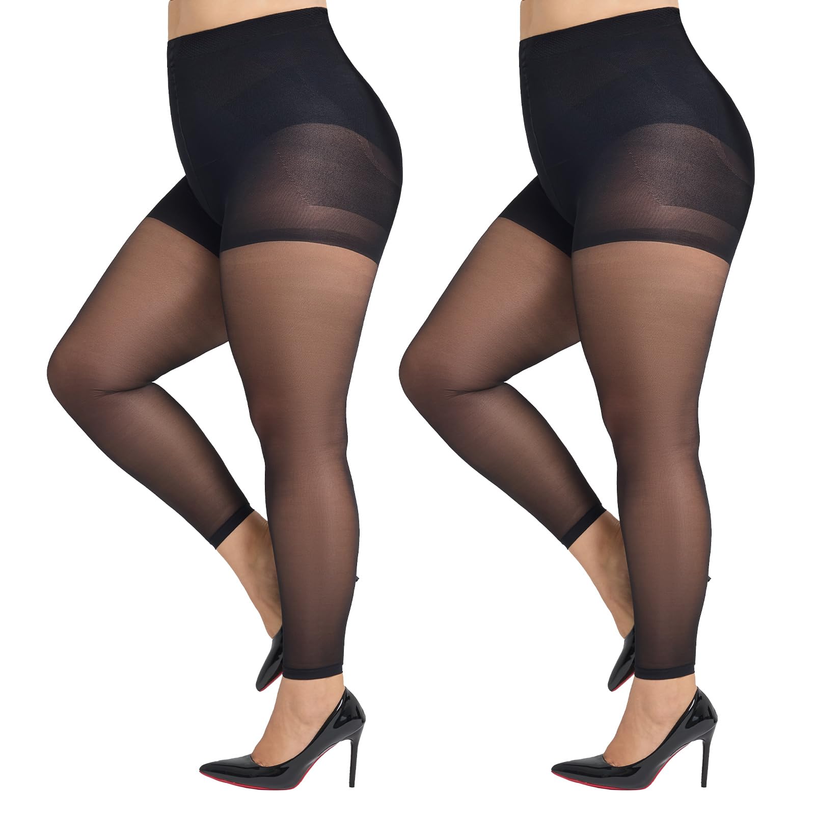 MANZI 2 Pairs Plus Size Footless Tights for Women 30 Denier Tummy Control Dance Pantyhose Black XXXL-XXXXL