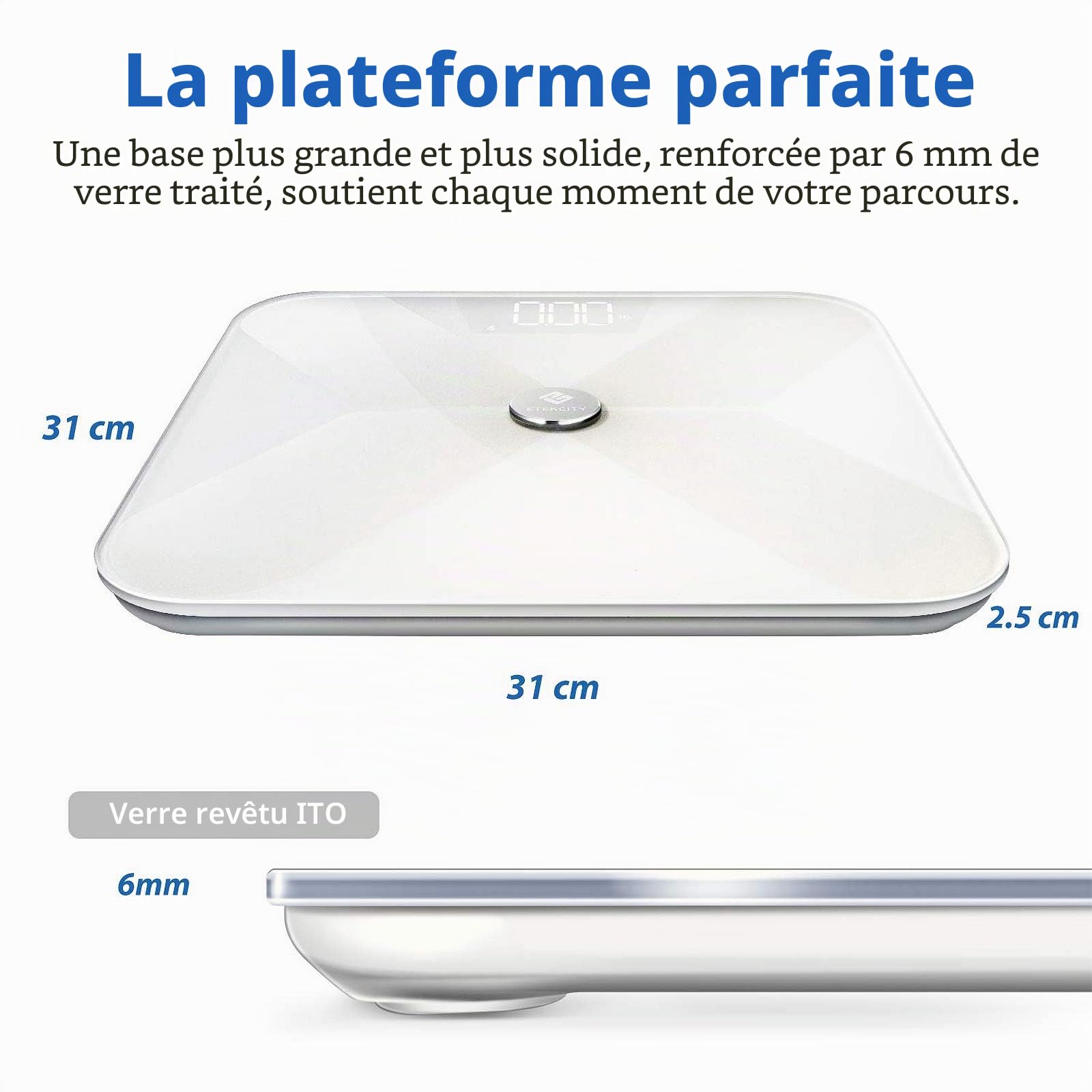 Etekcity Pèse Personne Impédancemètre, Balance Connectée, Pèse Personne Connecté Bluetooth Electronique, 13 Donneés Corporelles(Graisse/Eau/Osseux), Verre Conducteur ITO, Grande plate-forme 31x31 cm