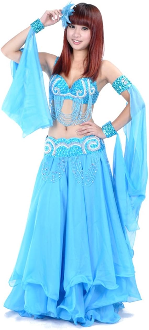 Amazon Co Jp Rikouzy ベリーダンス衣装 4点セット スカート 水色 セクシー ビーズ刺繍プロ仕様ダンス服 高級演出服 ブラジャー スカート 腰ベルト 民族衣装コスチューム ファッション