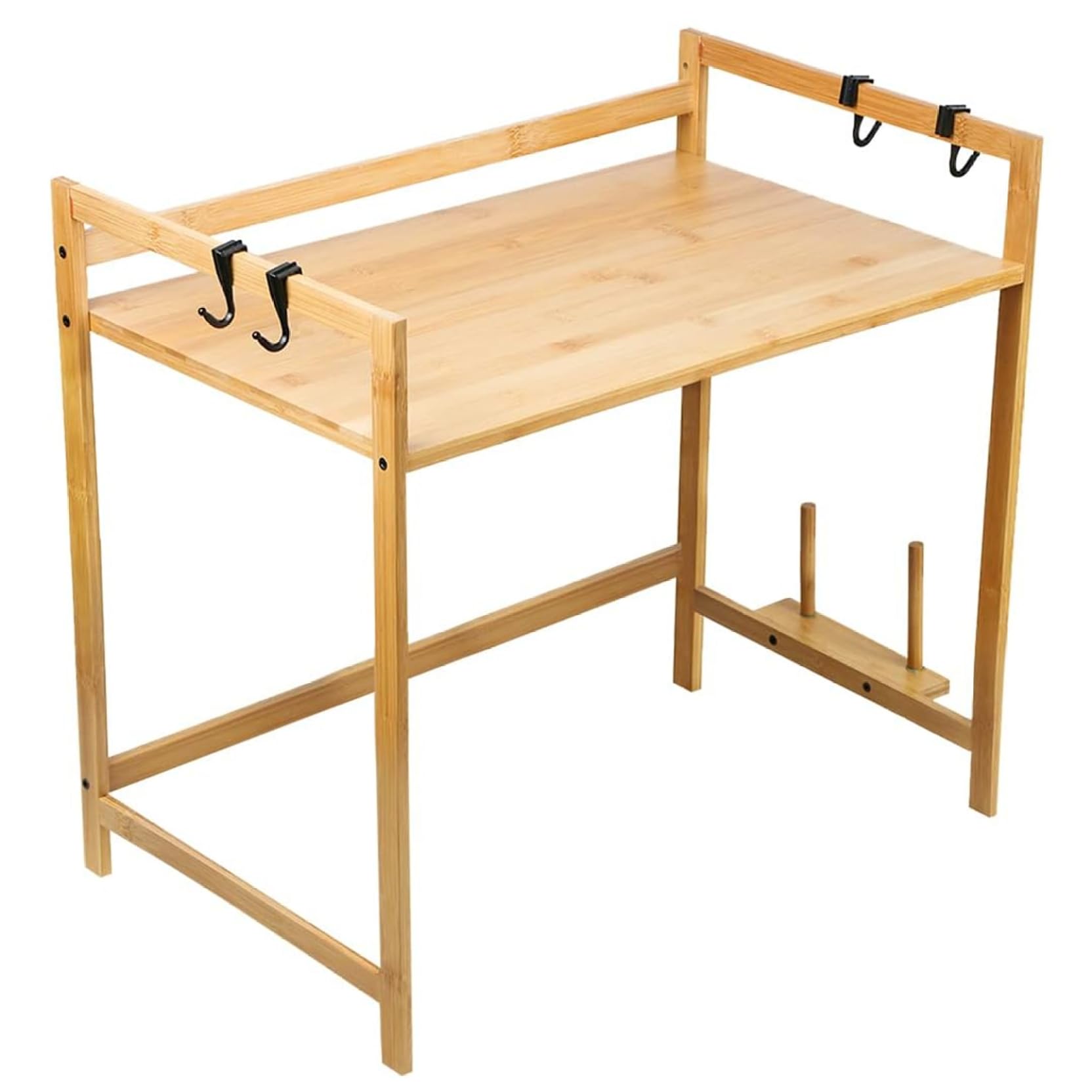 Dwuwarstwowy bambusowy stojak na kuchenkę mikrofalową 22 x 14 x 16,5 z otworem na deskę do krojenia i 4 haczykami na blat kuchenny, oszczędność miejsca, stylowe rozwiązanie do przechowywania