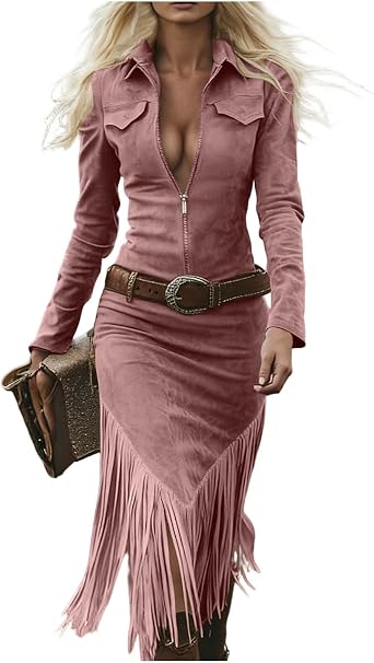 2026 Womens Western Cowgirl Suede Dress Vintage Long Sleeve Slim Fit Fringe Dress Lapel and Zip Formal Dresses