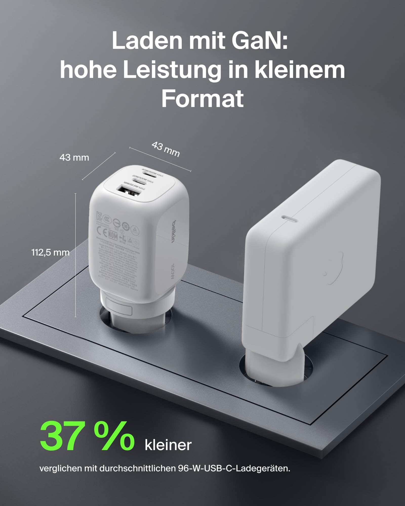 Belkin 3 Port USB C Ladegerät, 100 W, GaN-Ladegerät, 2 USB-C-Anschlüsse, 1 USB-A-Anschluss, inkl. Reisestecker für EU/UK/USA, Schnellladen von MacBook, iPhone, iPad Pro, Samsung Galaxy, Pixel – Weiß