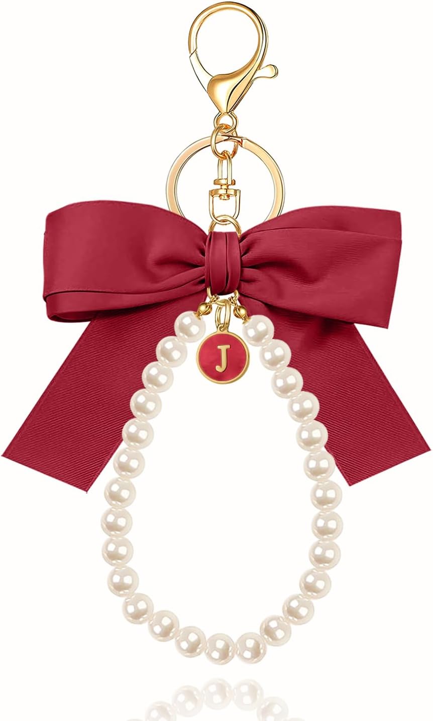 XGALBLA Initial Letter Cute Coquette Bow Keychain for Women, Wristlet Simulated Pearl Keychains Bag Charms for Handbags