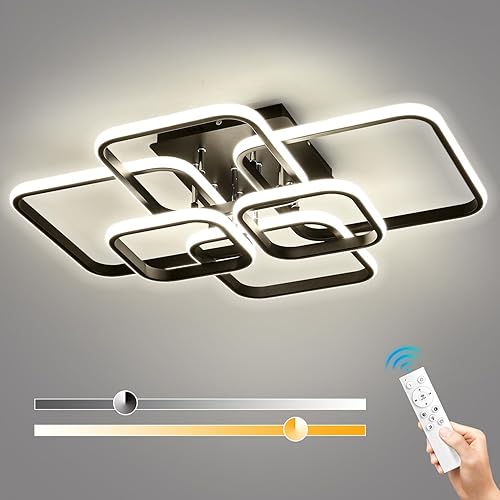 Lámpara de techo LED moderna regulable, lámparas de techo cuadradas de 6 anillos con control remoto, lámparas de montaje semiempotrado de 3 colores,
