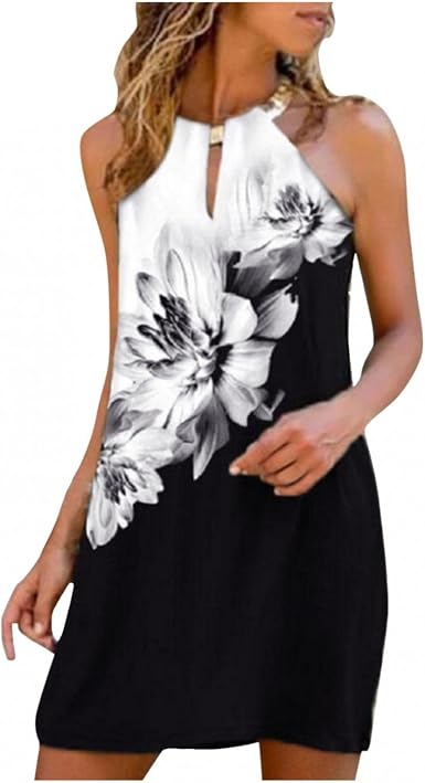 Amazon.com: Vestidos de verano para mujer, tallas grandes, de cintura alta,  cuello halter, sin mangas, estampados, vestido corto casual, mini vestido :  Ropa, Zapatos y Joyería