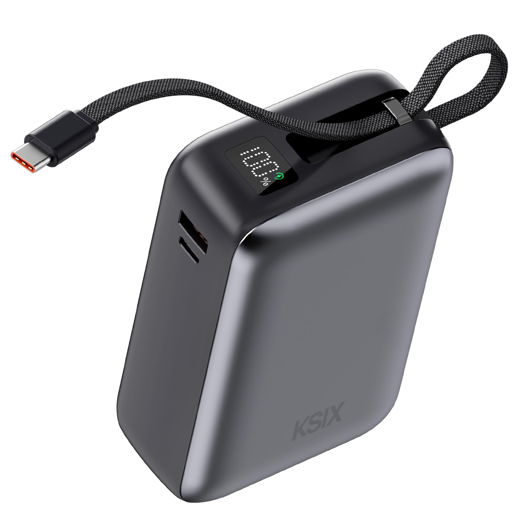 KSIX Powerbank 30000 mAh, Batería Externa Carga ultrarrápida 65W Power Delivery, Carga portátiles, Cable Integrado USB-C, Pantalla LED, Gris