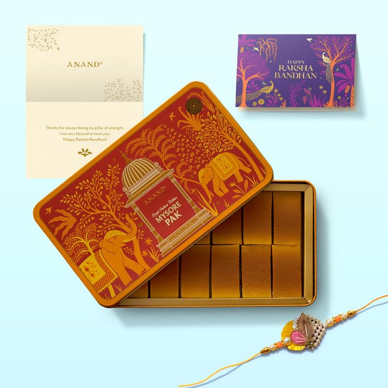 Image of Anand Sweets Mysore Pak Celebration Tin 500g with Rakhi & Greeting Card Combo | Traditional Indian Festival Sweets Gift Hamper | Mithai Box for Raksha Bandhan | Gift for Brother, Family & Friends