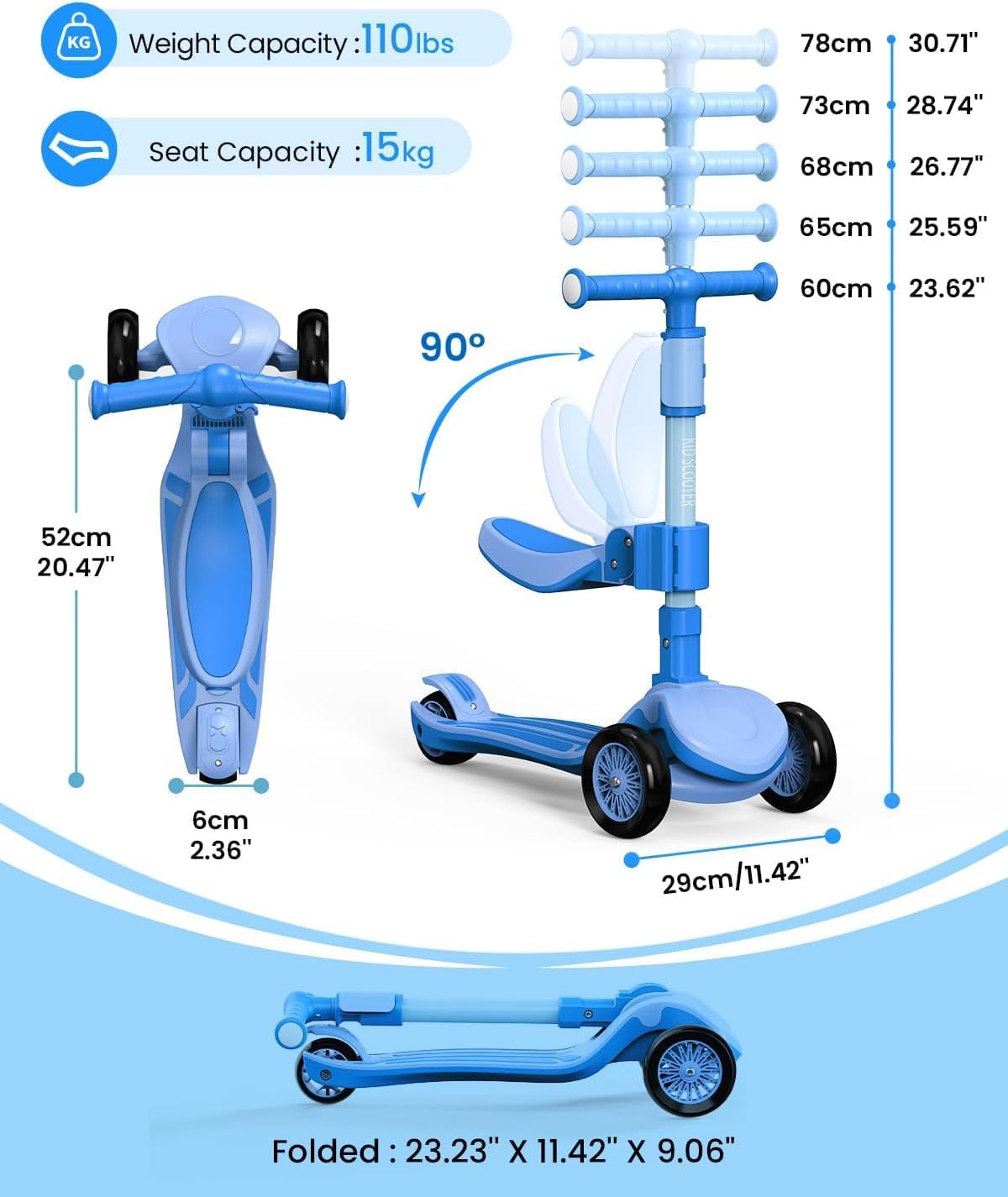2-in-1 Adjustable Kick Scooter for Kids 3-5 (Suitable 3-12 Years),5-Level Handlebar & Removable Seat, LED Light-Up Wheels, Wide Deck, Foldable Design for Indoor/Outdoor Use - Girls & Boys - Image 7
