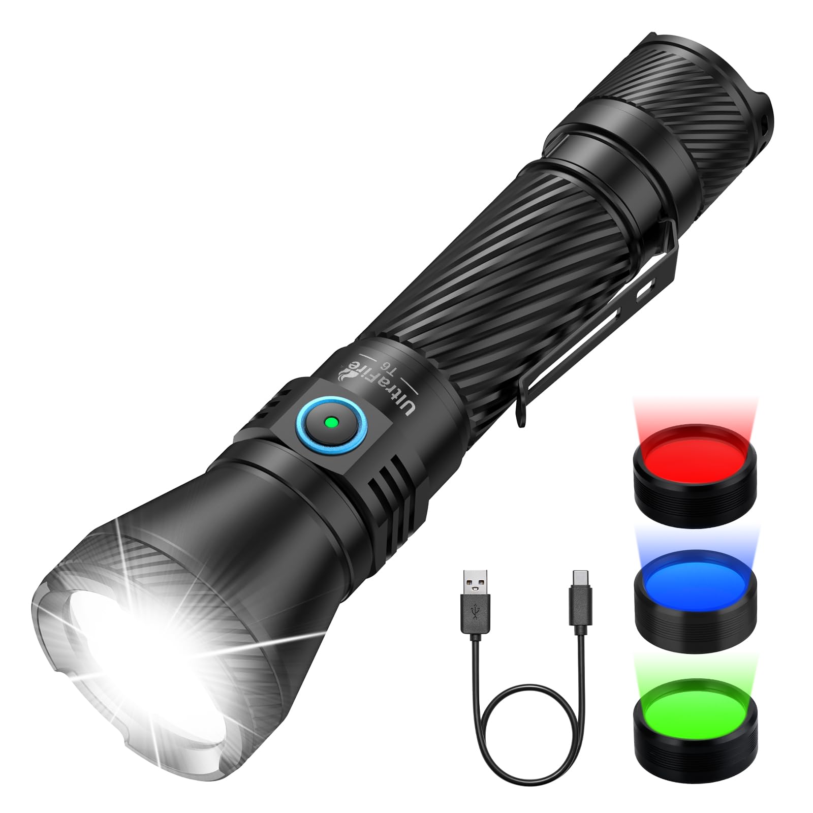 ULTRAFIRE Rechargeable Tactical Torch 1800 High Lumens with Green/Red/Blue Hunting Light, 4 Modes Dual Switch LED Torch