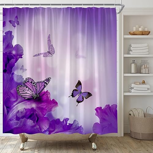 Miniatura 1 de YSATNSFT Cortina de ducha de mariposa, flores moradas, alas de fantasía, plantas de primavera, paisajes naturales, cortina de baño, juego de