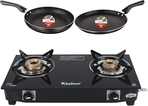Khaitan Gas Stove Combo – One 2 Burner Nano Premium Toughened Glass Gas Stove + 1 unit HF Dosa Tawa 250 mm + 1 unit HF Fry Pan 230 mm