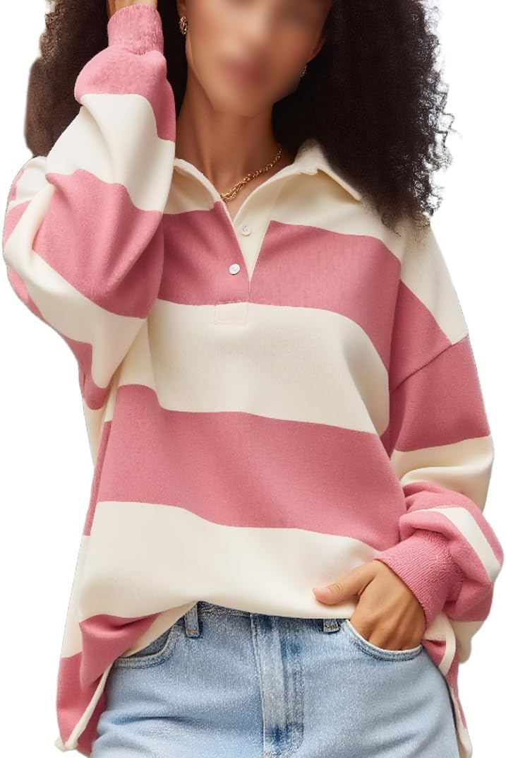 Y2k Women Striped Rugby Polo Shirt Long Sleeve Collared Oversized Vneck Sweatshirt Vintage Jersey Girls Streetwear