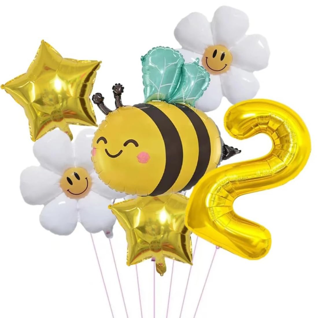 Palloncini Decorativi Per Compleanno 2 Anni – Tema Api E Margherite, Numero 2 Oro, Palloncini Stella, Topper Torta, Set Completo