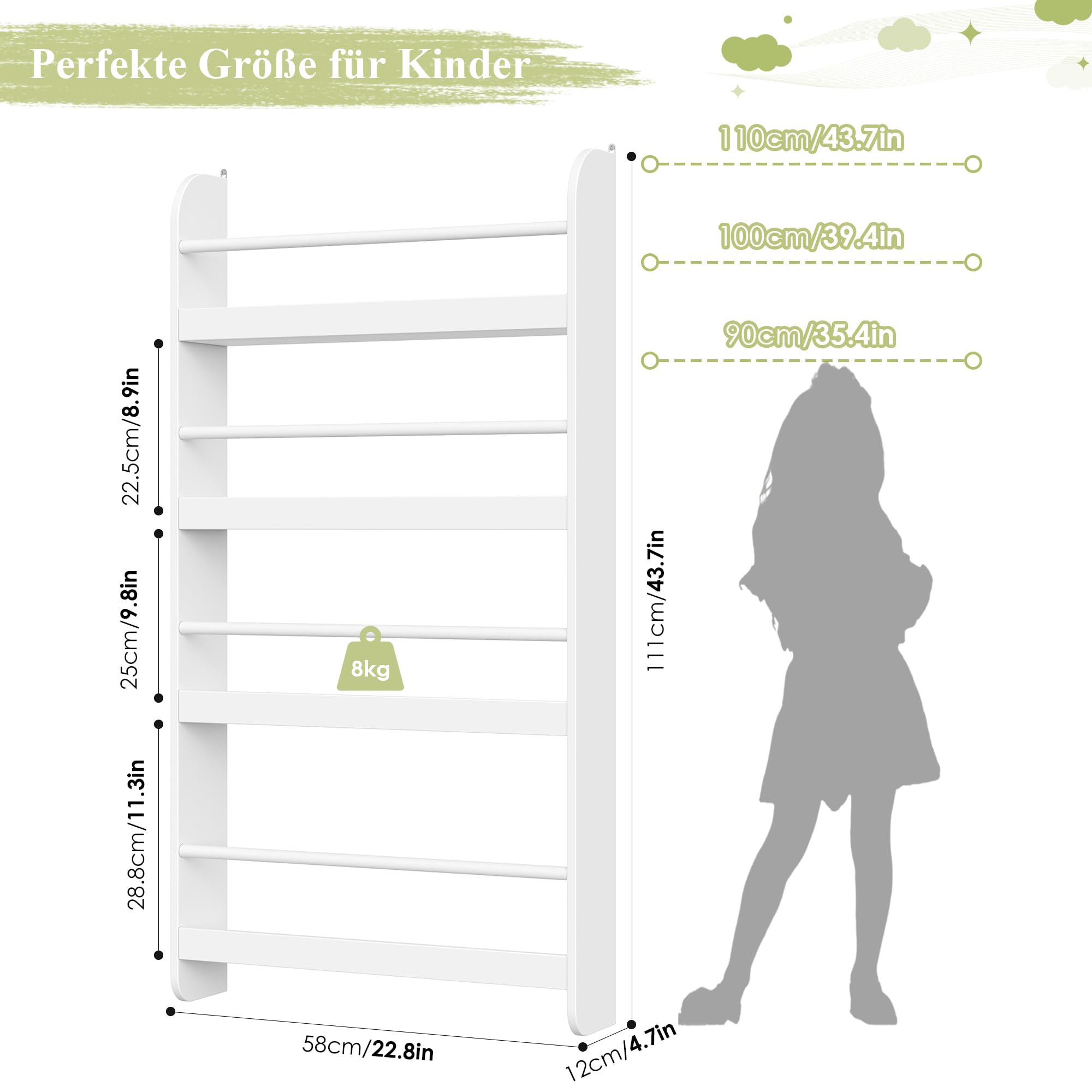 FOREHILL Bücherregal Kinder, Wandregal mit 4 Ablagen, Kinderregal für Bücher Spielzeug, Hängeregal Dekoregal für Kinderzimmer Leseecke, Aufbewahrungsregal aus Holz, HBT: 111x58x12cm, weiß