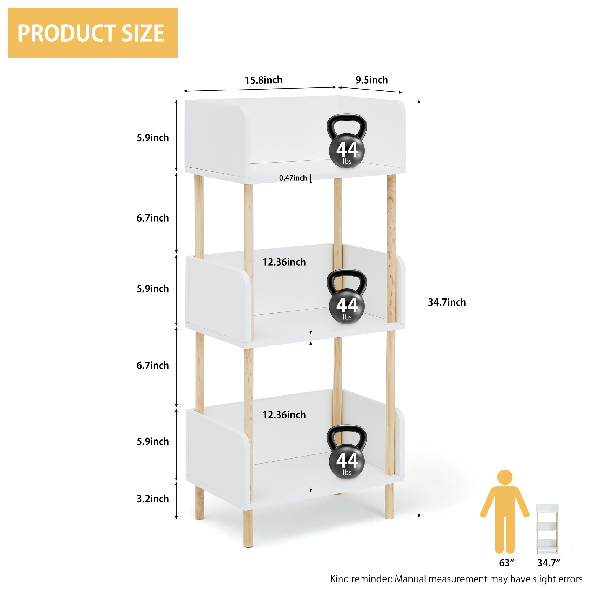 Estantería abierta de madera blanca, moderna estantería independiente con paneles laterales, protección de bordes y marco de madera maciza, estantes de almacenamiento de madera para 3