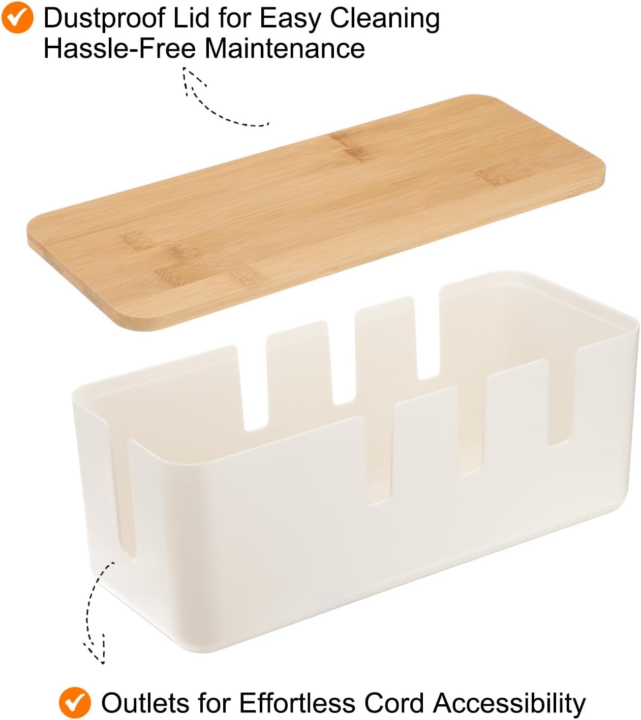 HARFINGTON Cable Management Box, Cord Organizer with Nylon Cable Reusable Ties for Home Office Desk, TV Computer Router Wires, Power Strips Hiding, White, Wooden Lid