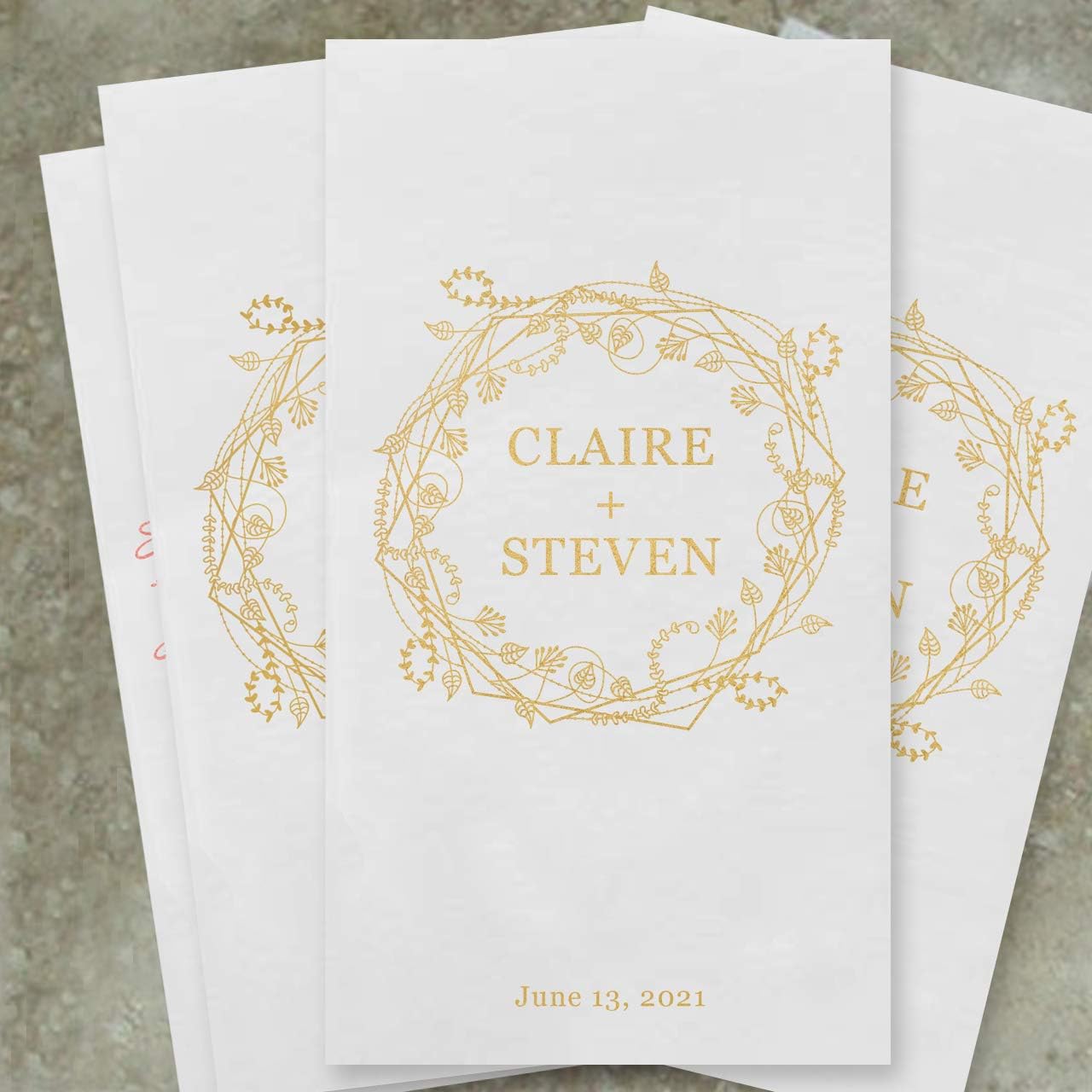 Vine Wreath Custom Guest Towel / 100 White 3 Ply Paper Uncoined Disposable Towels With Choice Of Foil / 4 1/4" x 7 3/4" Folded Personalized Wedding Napkins/Made In The USA