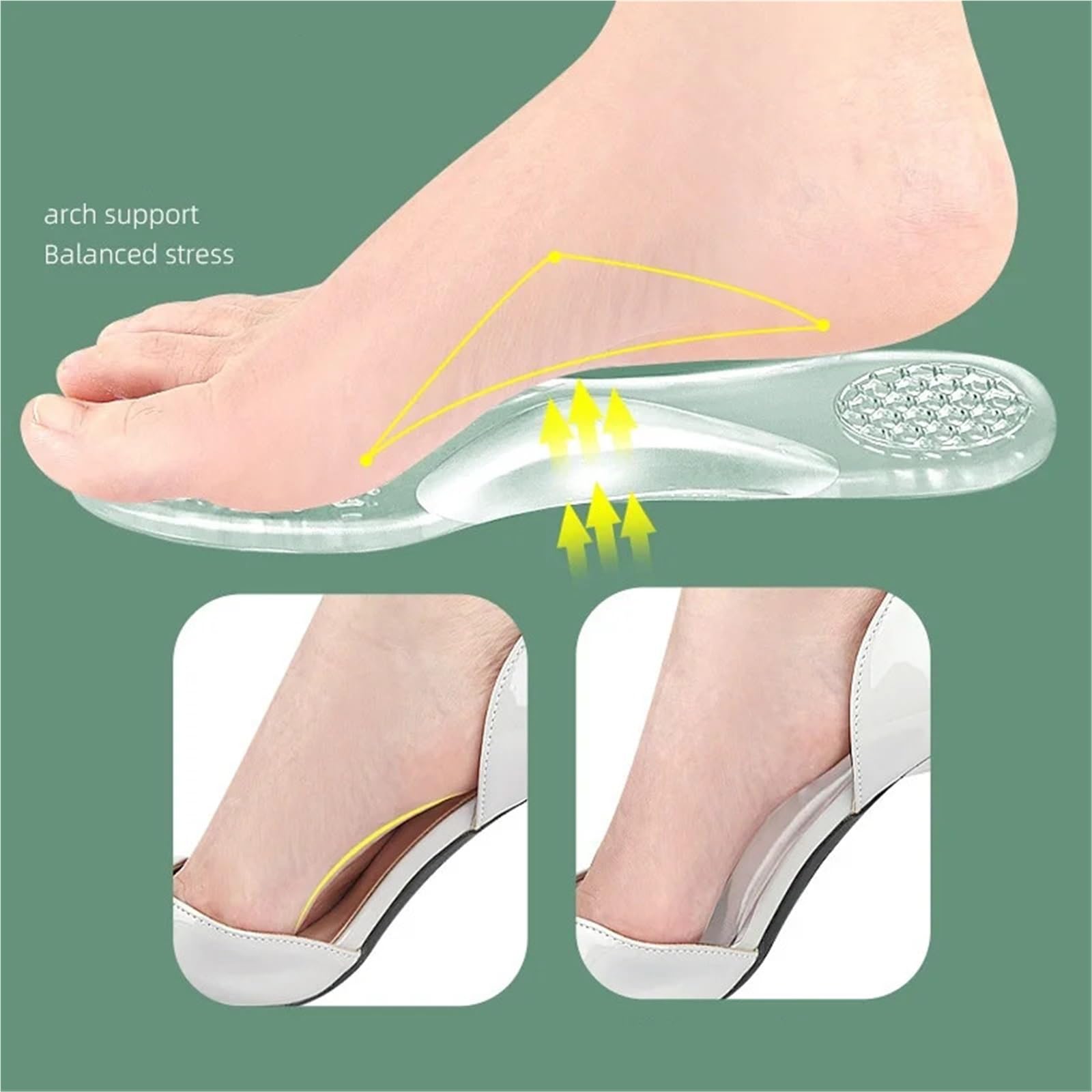 10 pares de plantillas de Gel con arco for tacones altos, plantilla suave autoadhesiva de tamaño ajustable, soporte de absorción de golpes, antideslizante para zapatos y pies