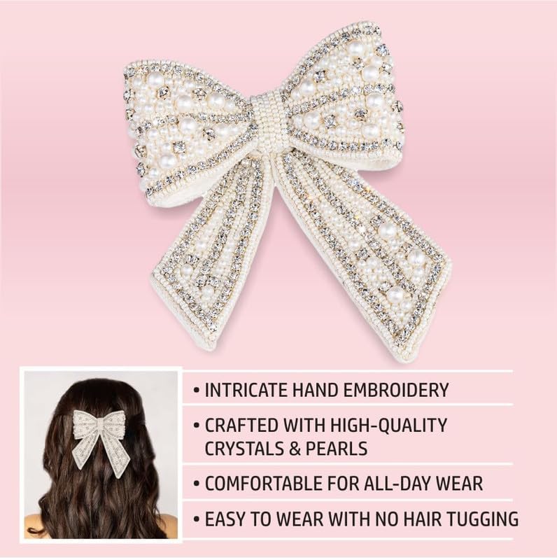 Hair Drama Co. Pearl Hair Bow With Barrette Clip | Embellished Crystal Hair Bow - Off White | Long Tail Hair Ribbon Slides With Metal Barrette Clips | Handmade French Hair Accessories
