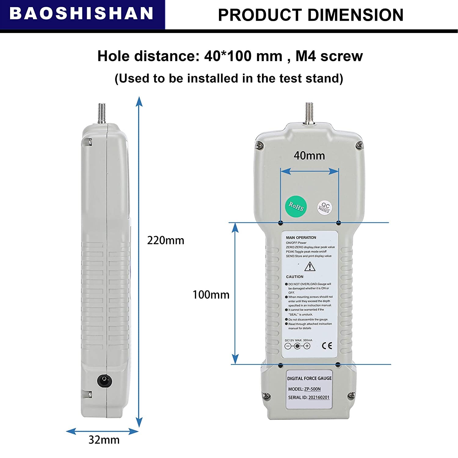 BAOSHISHAN Digitaler Kraftmesser Push-Pull-Messgerät-Tester mit USB-RS232-Schnittstelle LCD-Kraftmess-Schubmesser ZP (1000N mit Kunststoffgehäuse)
