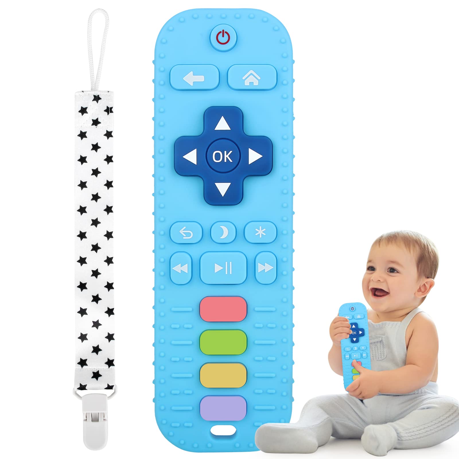 Fu Store Silicone Teething Toys for 0-12 Months 3-24 Months Infant Toddlers Remote Control Shape Teethers for Babies Chew Toys Relief Soothe Babies Gums Set Dishwasher and Refrigerator Safe Blue