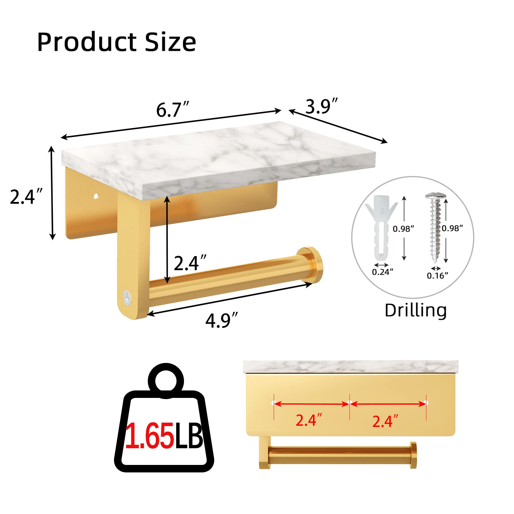 Toilet Roll Holder Wall Mounted, Gypie 304 Stainless Steel Toilet Paper Holder with Marble Shelf - Image 4