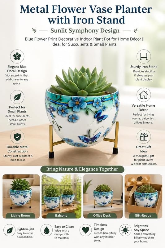 Image of Metal Flower Vase Planter with Iron Stand | Blue Floral & Butterfly Prints Decorative Indoor Plant Pot for Home Decor | Ideal for Succulents & Small Plants | 6x6x6 Inches