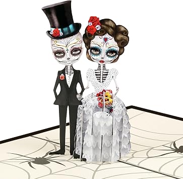iGifts And Cards Dia de los Muertos 3D Pop-Up Card - Love Beyond Time 6"x8" | Romantic Skeleton Couple, Web Roses, Sugar Skull, Spider Accents, Gothic Celebration, Halloween Theme, Handmade Gift, Couple