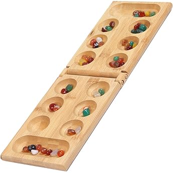 Stone Game Educational Toy Kala-ha Game Mancala Board Game with Foldable Gemstone Match Chess Stone Game Wood with Stones Strategic for Children Adults