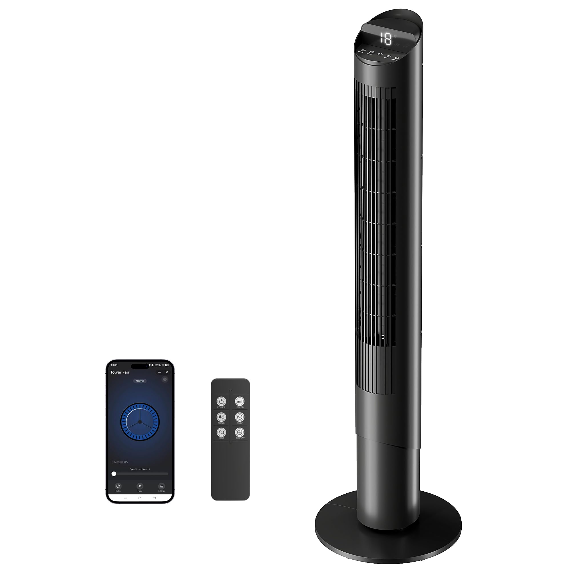 HOMCOM Ventilatore a Torre 116 cm con App WIFI e Telecomando, Ventilatore a Colonna Silenziosa con 6 Velocità, 4 Modalità, Oscillazione 65°, Timer 12H, Schermo LED, 45W, per Camera da Letto, Nero