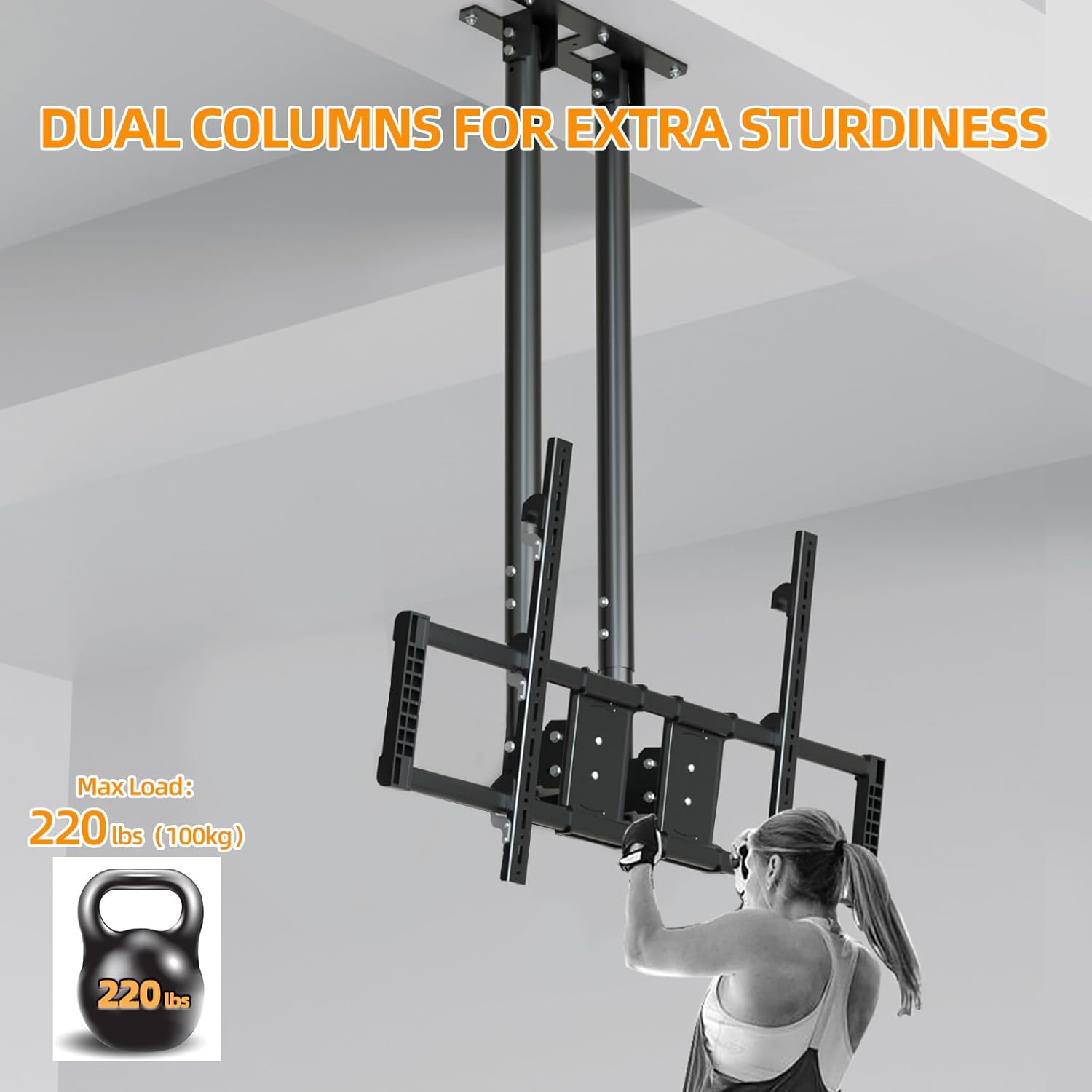 Ceiling TV Mount for 60-120 inch TVs, Double Pole Hanging Ceiling TV Bracket Hold up to 220 lbs, 20-Level Height Adjustable Ceiling Mount Fits LED LCD OLED 4K Screen, Max VESA 1000x600mm