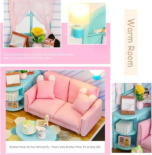 Miniatura 5 de Kisoy Casa de muñecas en miniatura con kit de muebles, kit de casa de madera 3D DIY una esquina de un pequeño estilo de apartamento con cubierta