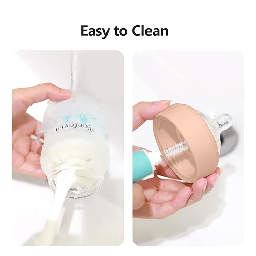 Miniatura 8 de Yooforea Biberón de vidrio recubierto de silicona, 0 M+ pezón de flujo lento I anticólicos, cuello ancho, base estable I revestimiento de silicona