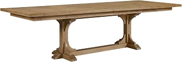Cashew Finish Trestle Dining Table, Solid Wood Base, Extends from 84 to 114 Inches with Two Leaves, Geometric Veneer Top Design