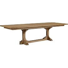 Cashew Finish Trestle Dining Table, Solid Wood Base, Extends from 84 to 114 Inches with Two Leaves, Geometric Veneer Top Design