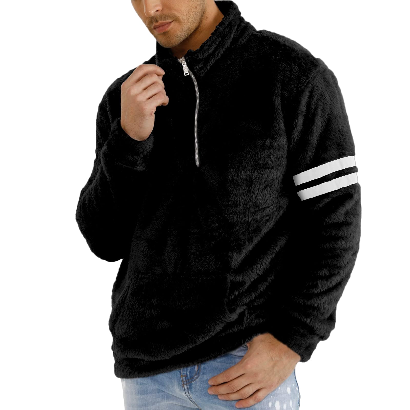 Photo 1 of GINGTTO Men's Fuzzy Sherpa Sweatshirt Fashion Pullover Fleece Hoodies Quarter Zip Black Large